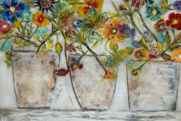 Flower pots : Collograph, pressed flowers, intaglio, hand finished Available as print