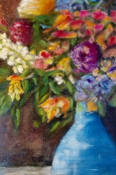 Blue jug with flowers Oil on Dutch Linen