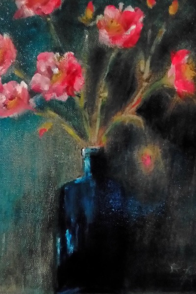 Blue jug with flowers oil on canvas