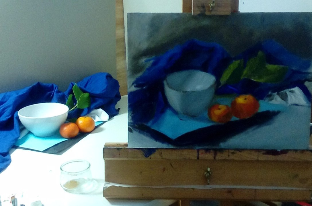 Satsumas and white bowl oil on panel, SOLD 